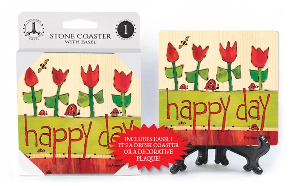 Happy day (ladybugs & red tulips) 1-pack coaster with easel featuring the a…
