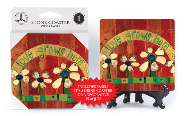 Love grows here (5 beige flowers, red background) 1-pack coaster with easel...
