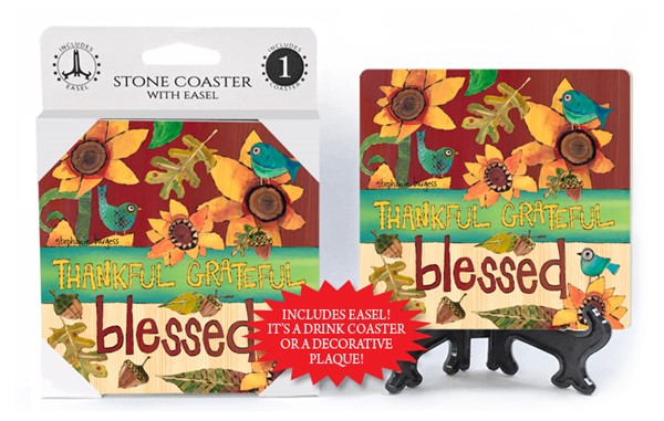 Thankful, grateful, blessed (3 teal/blue birds, orange/yellow flowers, leav…