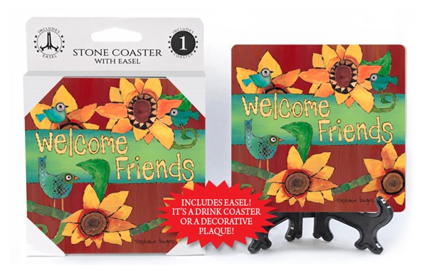 Welcome friends (teal/blue birds, yellow/orange flowers, red background) 1-…