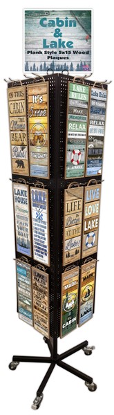 1- Cabin & Lake Plank Style 5" x 15" wood signs display - contains 24 facin...