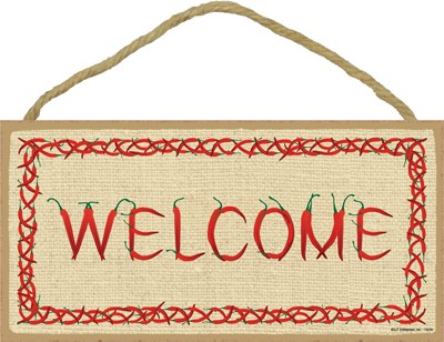 Welcome (letters made of chile peppers) Southwest design 5" x 10" wood plaq...
