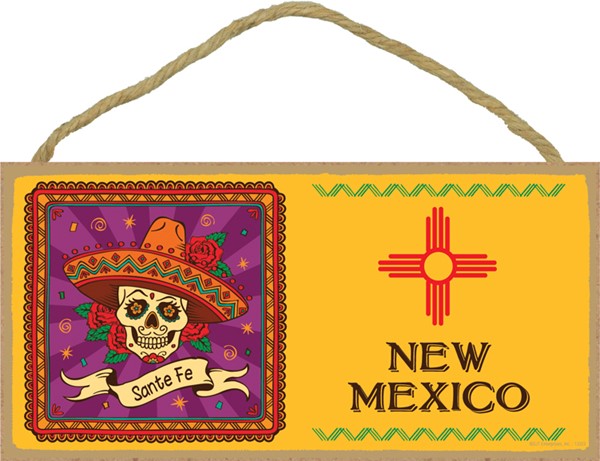 New Mexico flag with day of the dead image with roses and "Santa Fe" namedr…