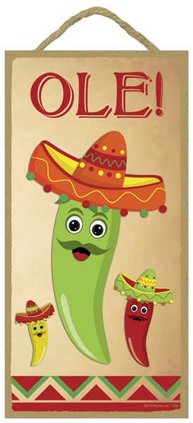 Ole! Chiles in a sombreros Southwest design 5" x 10" wood plaque, sign