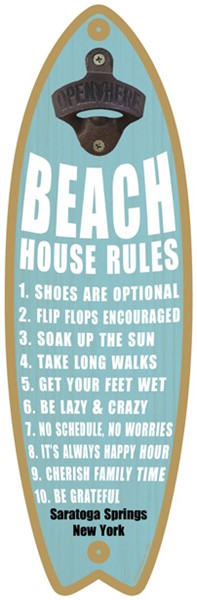 Beach house rules 1-10 (blue and white) - Surfboard bottle opener