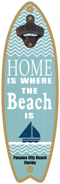 Home is where the beach is (boat & water image) Surfboard bottle opener