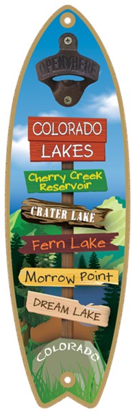 Destination Sign Post Plaque - mountain/lake theme - Surfboard Bottle Opener