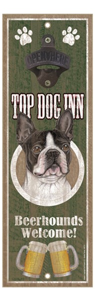 Boston Terrier Top Dog Inn 5" x 15" bottle opener wood plaque