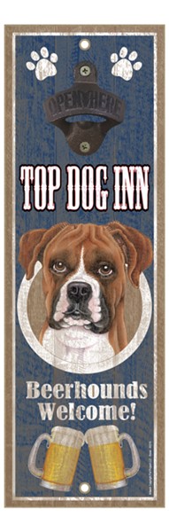 Boxer (uncropped ears) Top Dog Inn 5" x 15" bottle opener wood plaque