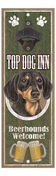 Dachshund (Black and Tan) Top Dog Inn 5" x 15" bottle opener wood plaque