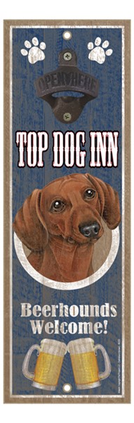 Dachshund (Brown) Top Dog Inn 5" x 15" bottle opener wood plaque