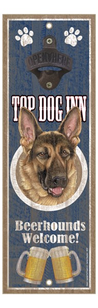German Shepherd Top Dog Inn 5" x 15" bottle opener wood plaque