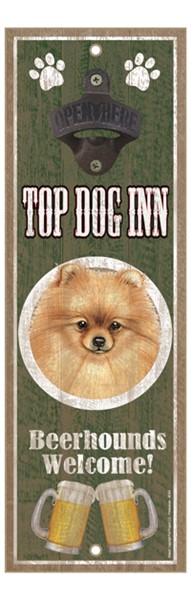 Pomeranian Top Dog Inn 5" x 15" bottle opener wood plaque