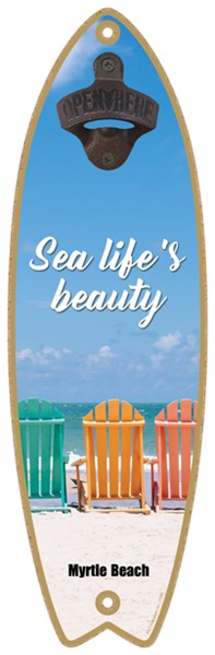 Sea life's beauty - Adirondack chairs on the beach - Surfboard bottle opener