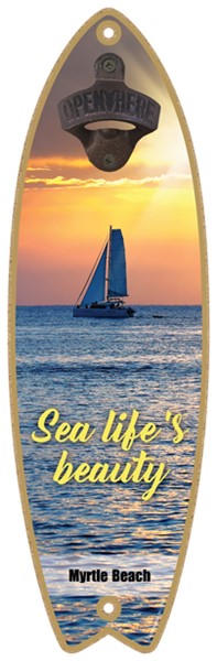 Sea Life's Beauty - Boat at Sunset - Surfboard Bottle Opener