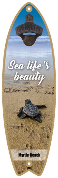 Sea life's beauty - Baby sea turtle on beach - Surfboard bottle opener
