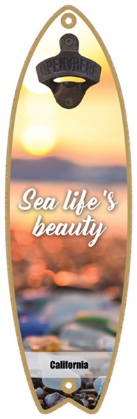 Sea life's beauty - Sunset at beach sea glass & rocks - Surfboard bottle opener