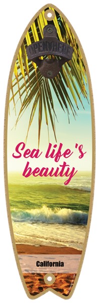 Sea life's beauty - Sunset on beach with palm leaves - Surfboard bottle opener