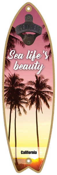 Sea life's beauty - Sunset on beach w/ tall palm trees - Surfboard bottle opener