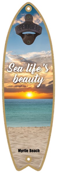 Sea life's beauty - Sunset over ocean and beach - Surfboard bottle opener