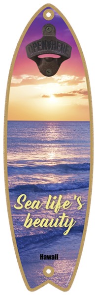Sea life's beauty - Sunset over ocean - Surfboard bottle opener