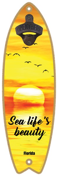 Sea life's beauty - Sunset over water with birds - Surfboard bottle opener