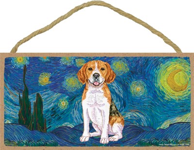 Van Gogh's Starry Night inspired - Beagle 5" x 10" wood plaque/sign featu...