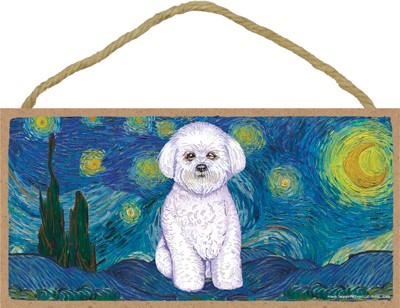 Van Gogh's Starry Night inspired - Bichon Frise / Bichon 5" x 10" wood pl...