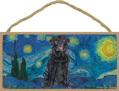 Van Gogh's Starry Night inspired - Black Lab 5" x 10" wood plaque/sign fe...