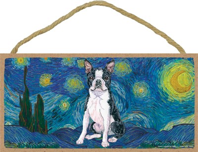 Van Gogh's Starry Night inspired - Boston Terrier 5" x 10" wood plaque/si...