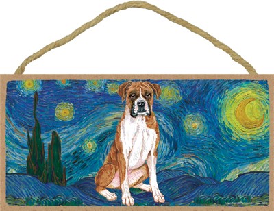 Van Gogh's Starry Night inspired - Boxer (uncropped ears) 5" x 10" wood p...
