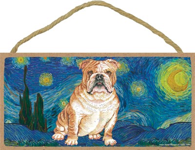 Van Gogh's Starry Night inspired - Bulldog 5" x 10" wood plaque/sign feat...