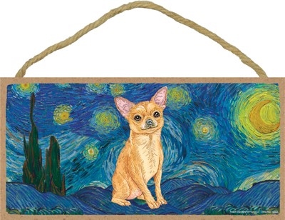 Van Gogh's Starry Night inspired - Chihuahua (Tan) 5" x 10" wood plaque/s...