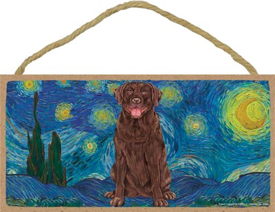 Van Gogh's Starry Night inspired - Chocolate Lab 5" x 10" wood plaque/sig...
