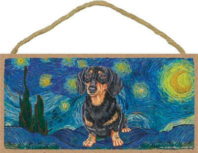 Van Gogh's Starry Night inspired - Dachshund (Black and Tan) 5" x 10" woo...