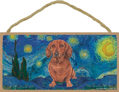 Van Gogh's Starry Night inspired - Dachshund (Brown) 5" x 10" wood plaque...