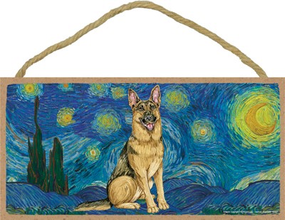 Van Gogh's Starry Night inspired - German Shepherd 5" x 10" wood plaque/s...