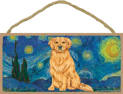 Van Gogh's Starry Night inspired - Golden Retriever 5" x 10" wood plaque/...