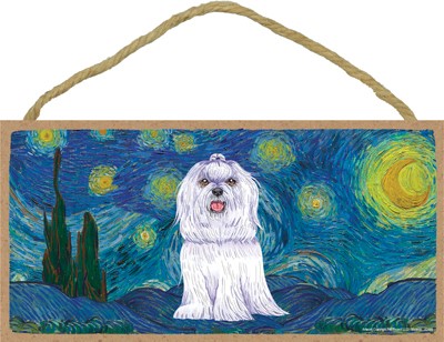 Van Gogh's Starry Night inspired - Maltese (with bow in hair) 5" x 10" wo...