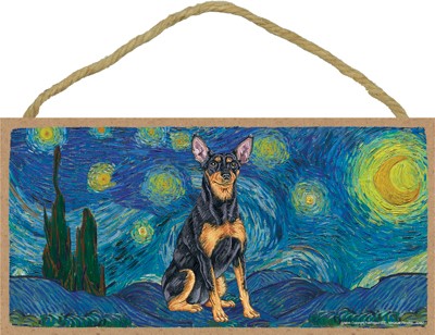 Van Gogh's Starry Night inspired - Miniature Pinscher 5" x 10" wood plaqu...