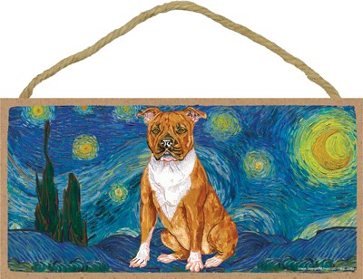 Van Gogh's Starry Night inspired - Pitbull (Brown color) 5" x 10" wood pl...