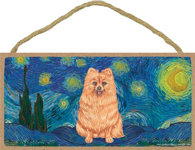 Van Gogh's Starry Night inspired - Pomeranian 5" x 10" wood plaque/sign f...