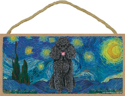 Van Gogh's Starry Night inspired - Poodle (Black) 5" x 10" wood plaque/si...
