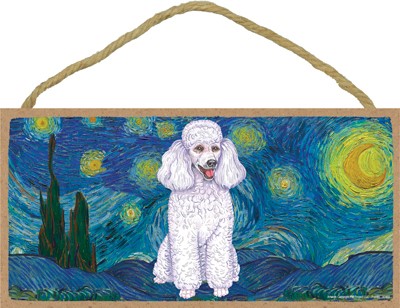 Van Gogh's Starry Night inspired - Poodle (White) 5" x 10" wood plaque/si...