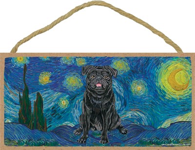 Van Gogh's Starry Night inspired - Pug (Black color) 5" x 10" wood plaque...