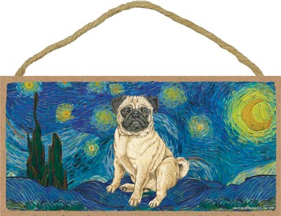 Van Gogh's Starry Night inspired - Pug (Brown/tan color) 5" x 10" wood pl...