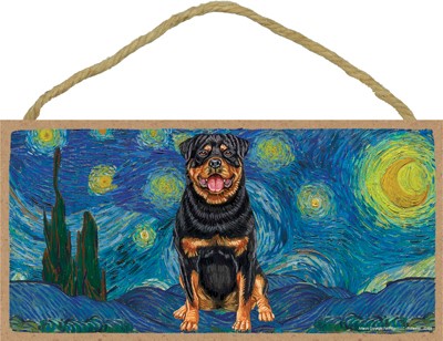 Van Gogh's Starry Night inspired - Rottweiler 5" x 10" wood plaque/sign f...