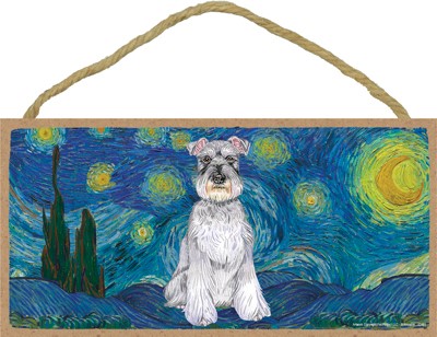 Van Gogh's Starry Night inspired - Schnauzer 5" x 10" wood plaque/sign fe...