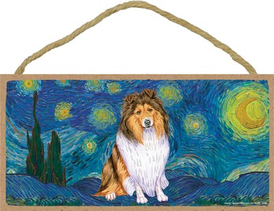 Van Gogh's Starry Night inspired - Sheltie 5" x 10" wood plaque/sign feat...