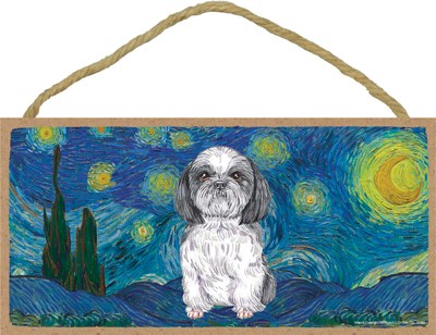 Van Gogh's Starry Night inspired - Shih Tzu 5" x 10" wood plaque/sign fea...